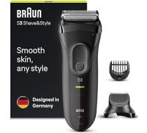 Braun Series 3 3-in-1 elektriskais skuveklis, bārdas trimmeris ar 5 uzgaļiem, mitrs un sauss, 45 minūšu akumulatora darbības laiks, uzlādējams un bezvadu skuveklis, Valentīndienas dāvana viņam, melns/pelēks