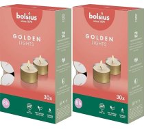 Bolsius tējas sveces ar zelta kausiņu, 30 gab. iepakojums, degšanas ilgums 8 stundas, dekoratīvas mājas sveces, bez aromāta, no dabiskas augu vaska, bez palmu eļļas (2 iepakojumi)