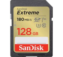 SanDisk Extreme SDXC UHS-I 128 GB atmiņas karte (V30, 180 MB/s datu pārraide, U3, 4K UHD video, SanDisk QuickFlow tehnoloģija, ūdensizturīga, triecienizturīga, temperatūras izturība)