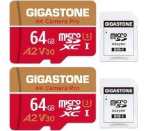 Gigastone 64GB 2-Pack Micro SD karte, 4K Camera Pro, 4K video ierakstīšana GoPro, Insta360, DJI, Drone, Nintendo-Switch, R/W līdz 100/50 MB/s MicroSDXC atmiņas karte UHS-I U3 A2 V30, ar adapteri