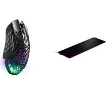 SteelSeries Aerox 9 bezvadu spēļu pele - Īpaši viegla MMO/MOBA spēlēm - 89 g svars - 18 programmējamas pogas - Bluetooth/2.4GHz & QcK Prism Cloth XL - Spēļu peles paliktnis - XL izmērs