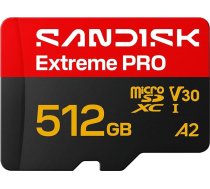 SANDISK Extreme PRO microSDXC 512GB UHS-I karte + SD adapteris (līdz 250MB/s lasīšanai, līdz 170MB/s ierakstīšanai, 5K, 3K, 4K UHD, C10, V30, U3, A2)
