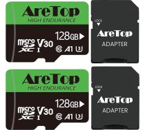Aretop Micro SD karte 128 GB 2 atmiņas karšu komplekts Micro SD + 2 adapteri UHS-I, U3, C10, A1, V30, 4K UHD Full HD video ierakstīšanai Micro SD atmiņas karte kamerai/ viedtālrunim/dronam/kamera, līdz 90 MB/s