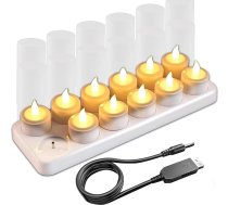 EuroFone uzlādējamas LED sveces Tealight mirgojošas dzeltenas gaismas bez liesmām ar uzlādes stacijas turētāju (12 gab.)
