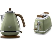 De'Longhi Icona Vintage CTOV2103.GR Grauzdošļātājs ar 2 ligzdām un bulciņu piederumu, zaļš & De'Longhi tējkanna Icona Vintage KBOV2001.GR - 1,7 L ar ūdens līmeņa indikatoru un 360° pamatni, zaļa krāsā.
