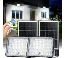 Saules apgaismojums āra lietošanai ar kustības sensoru, 3600 mAh, 210° gaismas izplatība, optiskais objektīva dizains, IP66 ūdensizturīgs LED prožektors, āra apgaismojums ar 4 režīmu tālvadības pulti (2 gab.)