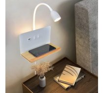 Balta LED sienas lampa iekštelpu koka sienas lampa guļamistabā ar USB-A un USB-C savienojumu + 15 W bezvadu lādētājs, elastīga lasīšanas lampa ar zossgriežu kaklu, 3 krāsu temperatūras režīmi, gultas lampa ar 1,5 m kabeļa kontaktdakšu