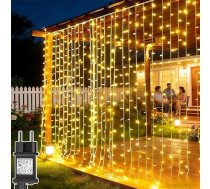2 āra gaismas aizkari, 3 m x 3 m, 300 LED pasaku gaismas, aizkars ar kontaktdakšu, 8 režīmi, taimeris, ūdensizturīgas pasaku gaismas, piekaramas pie sienas, balkonā, kāzās, kāzās, lapenēs, terases, dārzā, āra dekorēšanai