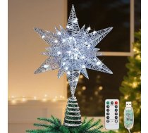 Lewondr Ziemassvētku eglītes zvaigzne, 3D sešstūra LED lampiņa, Ziemassvētku eglītes zvaigzne ar taimeri un 8 gaismas režīmiem, USB tālvadības pults, Ziemassvētku rotājumu apgaismojums, Ziemassvētku eglītes zvaigzne, sudraba krāsā