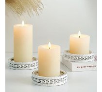 Hanobe Candle Plate Candle Holder Wood Round: Svečturi: 3 gab., komplekts, 3 gab., lauku ar pērlītēm, balts, mazs sveču turētājs svecēm Boho sveču paliktnis, dekoratīvs, lauku māja, koka paplātes apdare.