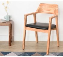 SAM Angel Dining Chair Natural Acacia Wood Black Genuine Leather Wooden Chair with Armrests Ergonomic Solid Wood Chair with Leather Cover Chair for Kitchen, Dining Room & Living Room