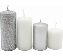 Dekohelden24 Daudzpakāpju staba sveces, adventes sveces, adventes vainaga sveces, sudraba un baltā krāsā, 4 izmēri, augstums 5-10 cm, diametrs 4 cm, 280 g