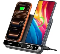 DubultДЃ induktД«vДЃ uzlДЃdes stacija 2 mobilajiem tДЃlruЕ†iem, 30 W dubultДЃ mobilДЃ tДЃlruЕ†a uzlДЃdes stacija iPhone Air/17 Pro/17 Pro Max/17/16/15/14/13/12/Samsung Galaxy S25/S24/S23/S22/S21/S20, AirPods/Galaxy Buds (melns un tehniski pelД“ks)