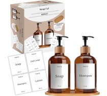 OriginalCorner 2 dozatori 50 cl ziepēm, šampūnam, trauku mazgājamās mašīnas mazgāšanas līdzeklim, bambusa turētājs, piltuve un etiķetes DIY praktiskiem virtuves un vannas istabas piederumiem