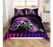 Loussiesd Dirt Bike gultasveļas komplekts 135 x 200 cm bērniem, zēniem, pusaudžiem, pusaudžiem Violeta sacīkšu motokrosa braucēja sega, segas pārklājs, ekstrēmo sporta veidu gultasveļas komplekts