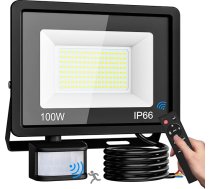 vighep LED prožektors ar kustības sensoru, 100 W īpaši spilgts LED prožektors ar tālvadības pulti, IP66 ūdensnecaurlaidīgs prožektors, 6500 K vēsas baltās krāsas āra lampa dārzam, garāžai, pagalma sienai