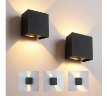 KICAAO Sienas lampas LED iekštelpās, 2 gabali, 10 x 10 x 5 cm uz augšu vai uz leju, regulējams gaismas leņķis, āra apgaismojums, silti balta 6 W 3000 K, IP65, alumīnija sienas lampas iekštelpās/āra (melnas - 2 gabali)