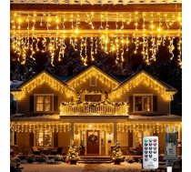Bowfar Icicle Fairy Lights āra apgaismojums, 15 m 600 LED Ziemassvētku apgaismojums ar tālvadības pulti un atmiņas funkciju, silti balts ūdensizturīgs gaismas aizkars logam balkonam, Ziemassvētku mājas margām