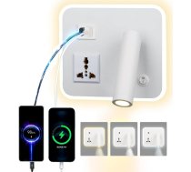 LED lasīšanas lampa, sienas lampa ar universālu kontaktligzdu, USB Type-C, divas uzlādes, regulējams, 12 W, 3000 K, sienas lasīšanas lampa, alumīnija gultas lampa, rotējoša (kvadrātveida balta)