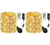 20 m LED pasaku gaismas, izgatavotas no vara stieples, 200 LED, silti baltas pasaku gaismas ar kontaktdakšu un tālvadības pulti, ūdensizturīgas IP65, iekštelpu āra rotājumi Ziemassvētkiem, kāzām, dārza ballītei (2 gab.)