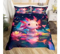 Homewish Cartoon Axolotl 135 x 200 cm sega segai, simpātisks savvaļas dzīvnieku bērnu gultasveļas komplekts, rozā, Kawaii Salamandrs, meiteņu sedziņas pārklājs, lotosa ziedi, savvaļas dzīvnieku segas pārklājs, 1 spilvendrāna
