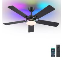 Kviflon RGB griestu ventilators ar apgaismojumu, kluss, 132 cm, griestu ventilators ar apgaismojumu un tālvadības pulti un lietotni, LED griestu ventilators guļamistabai, viesistabai, līdzstrāvas motors, 5 koka lāpstiņas, melns