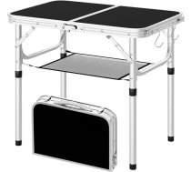 WOLTU saliekamais galds ar regulējamu augstumu 25/36/50/60 cm, galda virsma 60 x 40 cm ar uzglabāšanas tīklu un āķiem, izgatavots no MDF un alumīnija, kempinga galds piknikam, grila vakariņām un dārzam, melns