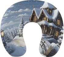Ceļojuma spilvens kakla atbalstam no atmiņas putām, U veida spilvens, mīksts un ērts ceļojuma spilvens kaklam, ar Ziemassvētku un ziemas motīviem, piemērots gulēšanai un atpūtai, ceļojuma piederumi lidojumiem, automašīnā un birojā