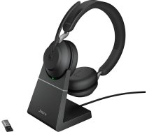 Jabra Evolve2 65 bezvadu austiņas ar uzlādes statīvu, trokšņu slāpēšana, Microsoft Teams sertificētas stereo austiņas ar ilgi kalpojošu akumulatoru, USB-A Bluetooth adapteris, melns
