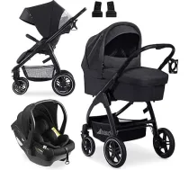 Hauck Saturn R 3-in-1 bērnu ratiņu komplekts ar bērnu sēdeklīti, zīdaiņu grozu un sporta sēdeklīti ar atgāžamās funkciju, no dzimšanas līdz 22 kg, salokāms, melnā melange krāsā