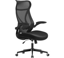 SONGMICS OBN088B01 Biroja krēsls, ergonomisks atzveltne, regulējams augstums, atlokāmi roku balsti, grozāms darba galda krēsls ar pagalvi, maksimālā slodze 150 kg, tintes melns