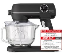 CASO KM 1800 Black-G Elegant virtuves kombains, testa novērtējums: Ļoti labs, 1800 W, 4,5 l stikla trauks, planetārais mikseris, 10 ātruma līmeņi, taimeris.