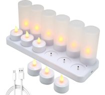 EXTSUD Pack of 12 LED tējas gaismas uzlādējamas tējas gaismas ar uzlādes staciju elektriskās tējas gaismas uzlādējamas sveces mirgojošas liesmojošas sveces Halloween Ziemassvētku galda dekorēšanai