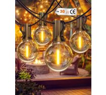 LED pasaku gaisma 9 m, LED pasaku gaisma ar 12 + 1 ūdensizturīgām G40 spuldzēm, 2700 K silti balta āra pasaku gaisma Jauda āra pasaku gaisma balkonam, dārzam, terasei, pusei