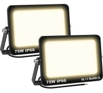 SKYWORLD 75 W LED āra prožektors, 2 gabali, 7500 LM LED prožektors, 3000 K silti balta āra prožektors, IP66 ūdensizturīgs āra apgaismojums, prožektors pagalmam, garāžai, gaitenim, dārzam