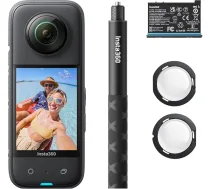 Insta360 X3 sākuma komplekts — ūdensizturīga 360° sporta kamera ar 1/2" sensoru, 5,7K 360° video, 72 MP 360° fotogrāfijas, stabilizāciju, 2,29" skārienjūtīgo ekrānu un vibrāciju noteikšanu
