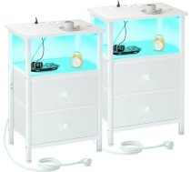 AMHANCIBLE EHETS02WT Naktsskapītis ar uzlādes staciju un LED apgaismojumu, dīvāns ar 2 auduma atvilktnēm, koka nakts skapītis ar atvērtu plauktu guļamistabai, viesistabai, balts, 2 komplekti