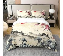 Loussiesd Japāņu stils 100% kokvilnas gultas veļas komplekts 135 x 200 cm Sakura Flower sega segu komplekts Tradicionālais retro tēma sega segu komplekts Botānisko ziedu zari sega segu komplekts Balta rozā gultas veļas komplekts