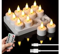LED tējas gaismas, 12 LED sveces, uzlādējamas ar taimera funkciju, tālvadības pults, LED sveces, mirgojoša liesma ar uzlādes staciju Helovīnam, Ziemassvētkiem, Valentīna dienai, galda svētku dekorēšanai