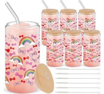 6 komplekti 16oz stikla krūzes ar vāciņiem un salmiņiem, alus ledus kafijas dzeramās glāzes, glīts estētisks kauss ar vāciņu, salmiņu un tīrīšanas birsti dāvanām (rozā loku)