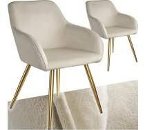 tectake® Dining Room Chairs with Armrest, Velvet Upholstered Chairs, Furniture for Dining Table, Dressing Table, Living Room, Dining Room, Study, Ergonomic Dining Chair, Cream/Gold, Set of 2