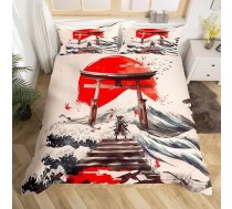 Loussiesd Japānas Ukiyoe gultas veļas komplekts 135 x 200 cm bērniem zēniem meitenēm Japānas stila mīkstās gultas Japāna Samurai sega Sarkans saulriets jūras viļņi elpojošs gultas veļas komplekts