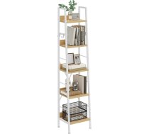 YITAHOME Grāmatu plaukts ar 5 līmeņiem, industriāls kāpņu plaukts, brīvstāvošs grāmatu plaukts, koka plaukti un metāla rāmis, stāvošs plaukts, moderns plaukts viesistabai, priekšnamam, birojam, balta un ozolkoka krāsa