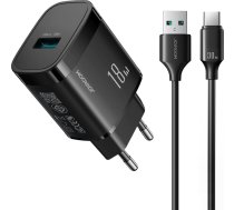 USB-A 18 W tīkla lādētājs ar USB-A - USB-C 1 m kabeli - melns