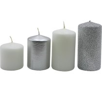 Adventes sveces, stabiņa sveces, Adventes vainaga sveces, galda sveces, bloka sveces, galda sveces sudrabaini baltā krāsā ar sudraba spīdumu, 4 sveces, pakotnē pa 4 gabaliem, no D/Š/Ū/Ū 5 x 5 x 5 x 5 cm līdz D/Ū/Ū/Ū 5 x 5 x 9 cm.
