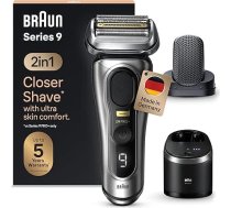 Braun Series 9 Pro+ vīriešu skuveklis ar 5 skuvekļa elementiem, ProComfort piederumu, skuvekli, 2-in-1 sistēmu, tīrīšanas staciju, 60 minūšu akumulatoru, ražots Vācijā, 9597cc, sudraba krāsā
