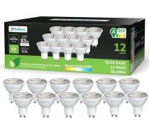 A energoefektivitātes klases GU10 LED neitrāli balta spuldze, 3,3 W 600 LM 4000 K neitrāli balta GU10 spuldze, 83 W spuldzes aizvietošana, 36° gaismas leņķis, G10 spuldze, bez apgaismojuma, 12 gab. komplektā