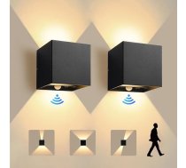 KYOTECH Pack of 2 12 W LED sienas lampas iekštelpās/āra ar kustības sensoru IP65 āra lampa uz augšu un uz leju Regulējams gaismas kūlis 3000 K silti balta sienas lampa ar skārienjutīgu slēdzi Āra lampa Dzīvojamā istaba melna