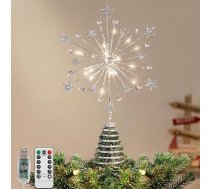Lewondr Ziemassvētku eglītes papildinājums, 13 collu 20 LED metāla dzirkstošais poinsettijas eglītes papildinājums, USB barošanas izgaismots zvaigžņu eglītes papildinājums Ziemassvētku rotājumiem, tālvadības pults, 6H taimeris, 8 gaismas r