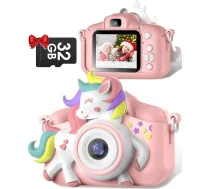 Gofunly bērnu kamera, 1080P digitālā selfiju kamera ar 2,0 collu ekrānu un 32 GB atmiņas karti, piemērota 3–12 gadus veciem zēniem un meitenēm kā dzimšanas dienas dāvana vai Ziemassvētku rotaļlieta, rozā un balta krāsā ar zirga attēlu
